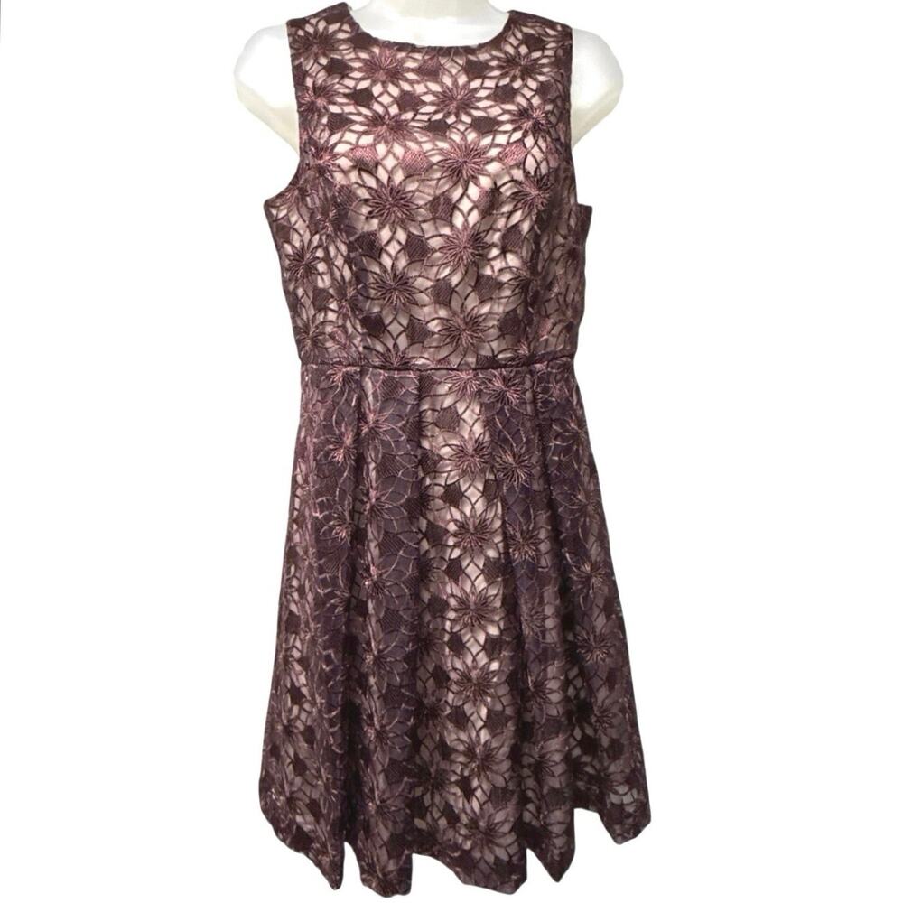 Susana Monaco Sleeveless Dress Size 4 Burgundy Floral Lace Overlay Lined Pleated